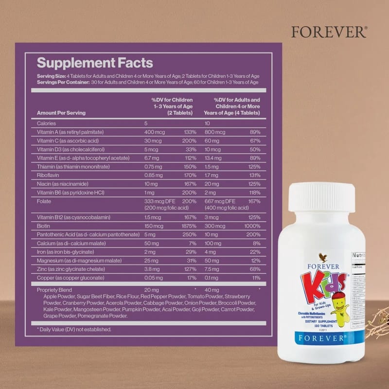 Forever Living Kids® Chewable Multivitamin - Grape Flavor for Healthy Growth and Development - No Artificial Flavors - 120 Tablets