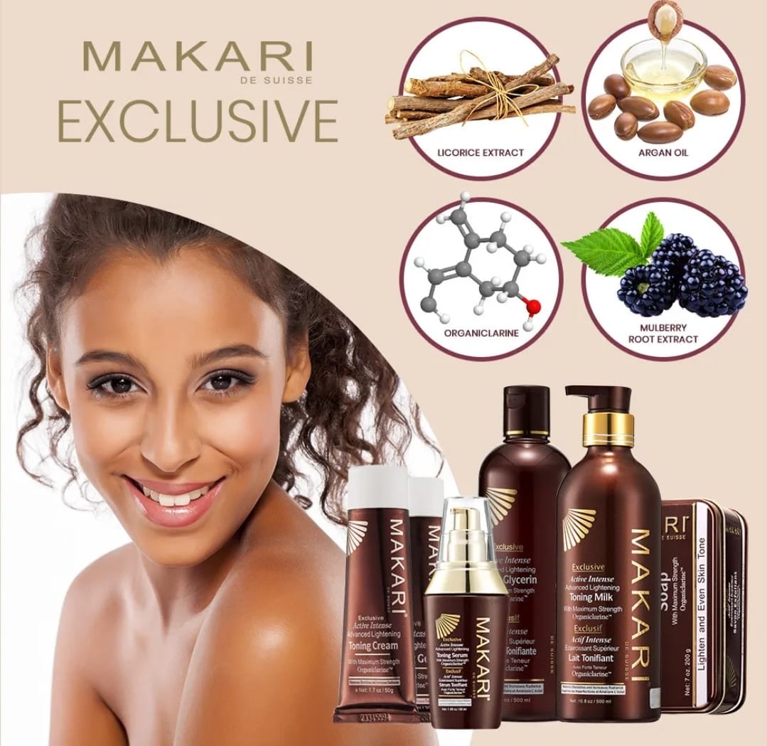 5-PIECES SET) Makari Exclusive Skin Toning Milk, Tube Cream , Serum, Gel, Soap