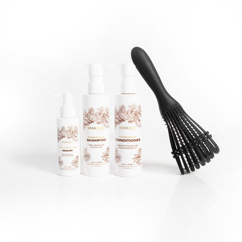 Set para el cabello Makari que incluye champú, acondicionador, sérum y cepillo para el cabello