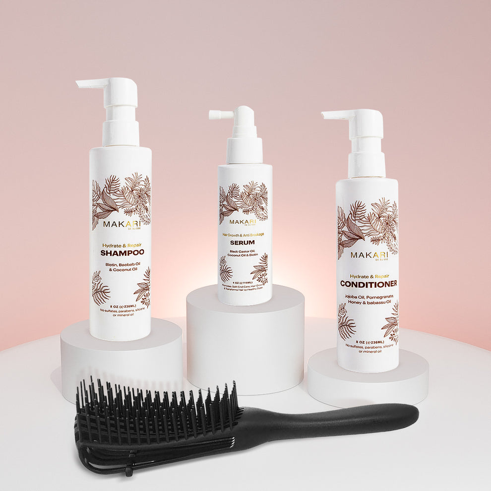 Set para el cabello Makari que incluye champú, acondicionador, sérum y cepillo para el cabello