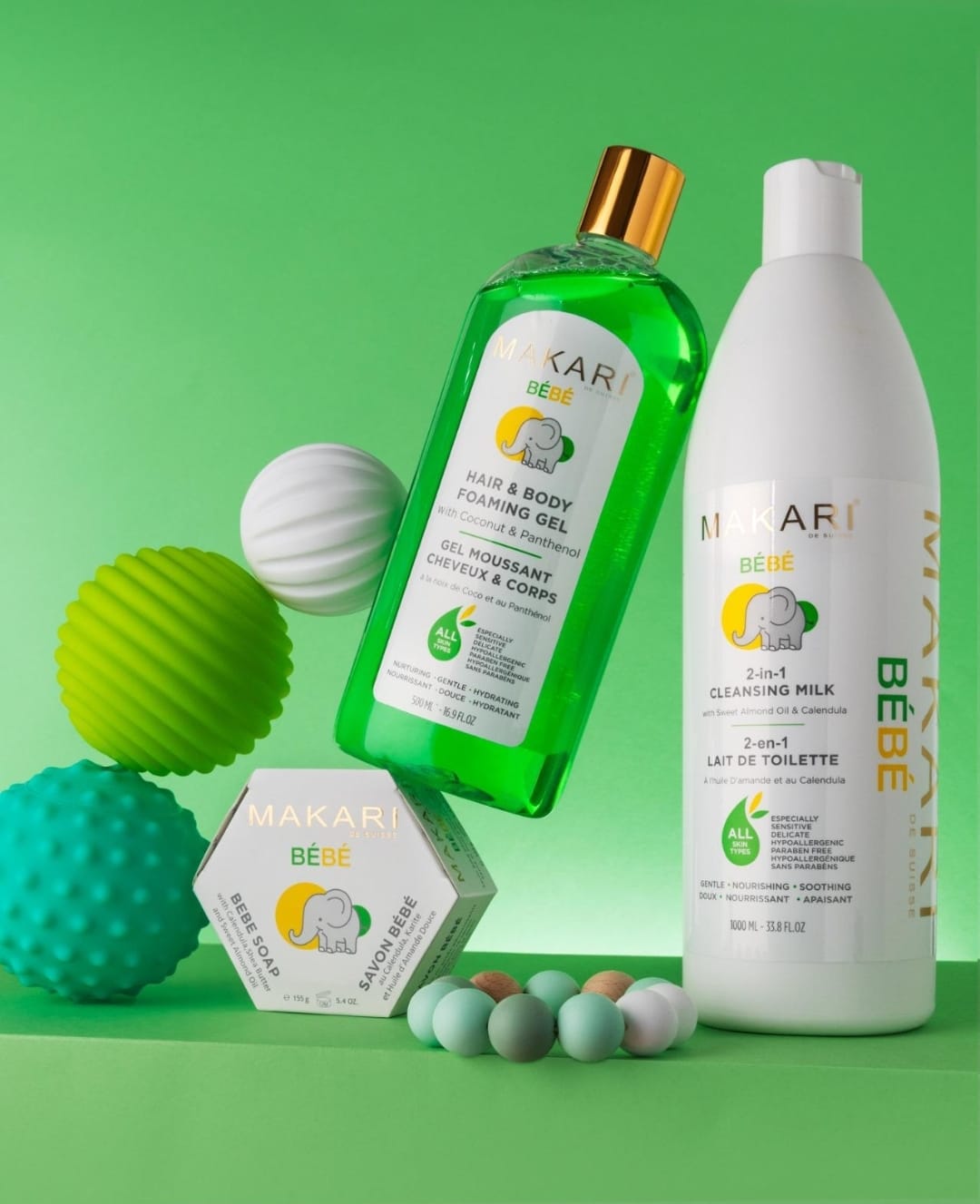 Coffret cadeau 3 pièces de savon hydratant doux pour bébé, lotion et gel moussant Makari