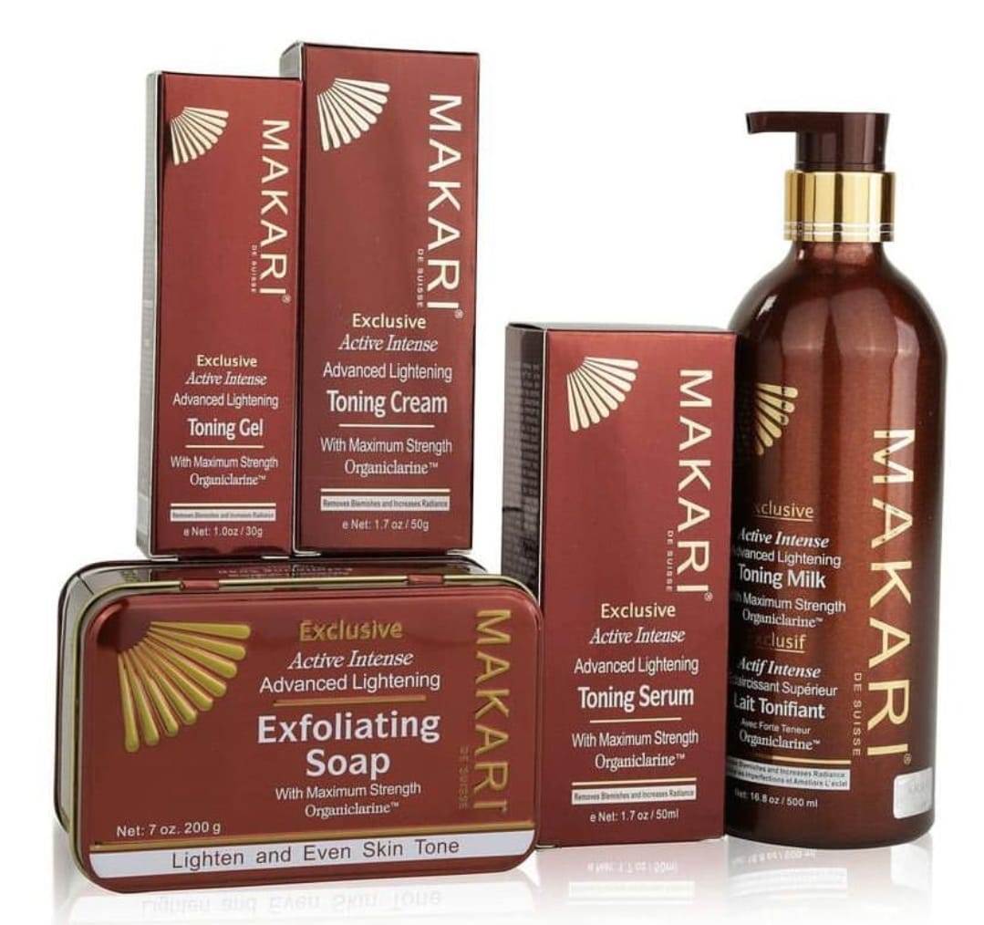 5-PIECES SET) Makari Exclusive Skin Toning Milk, Tube Cream , Serum, Gel, Soap