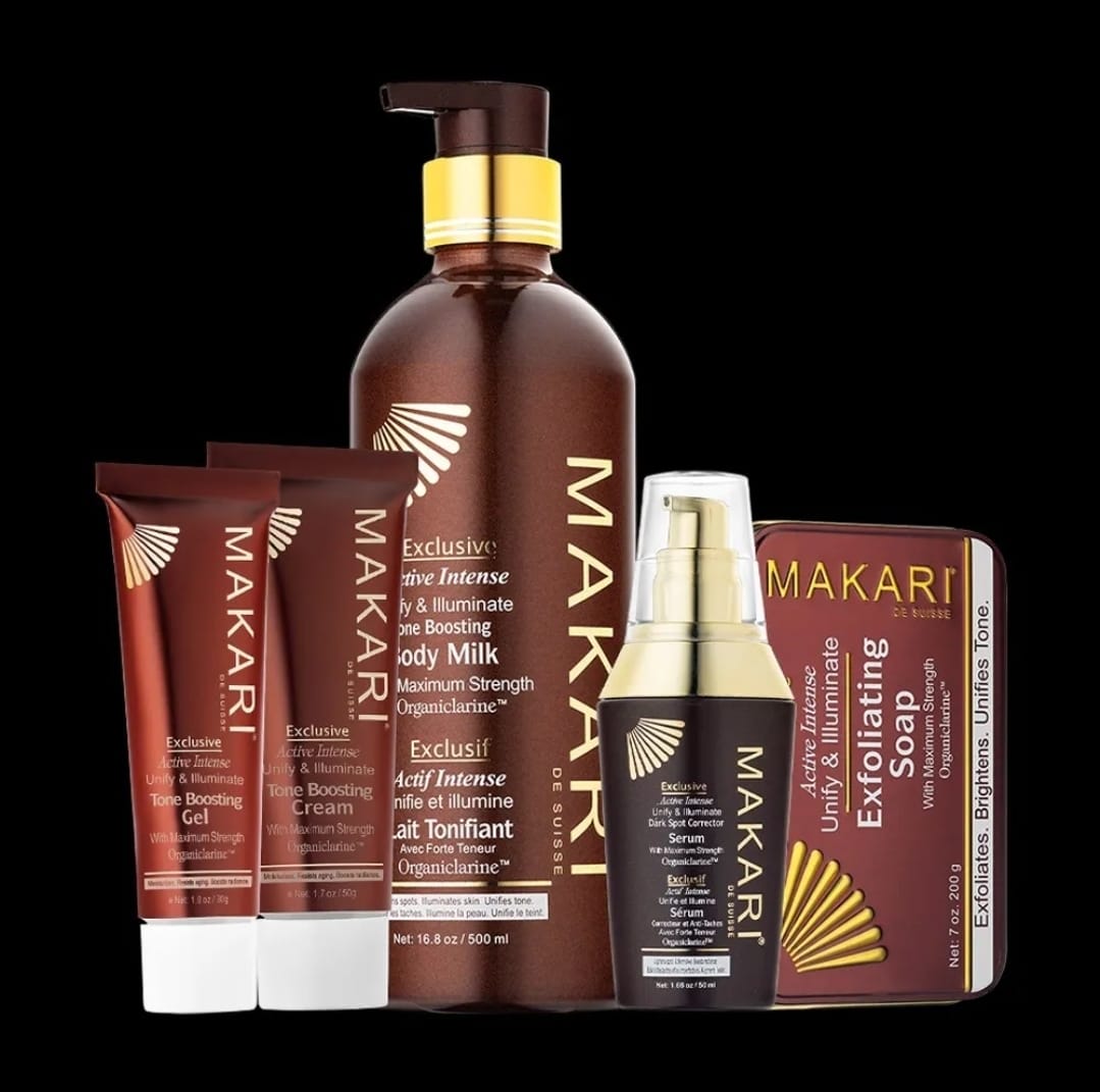 5-PIECES SET) Makari Exclusive Skin Toning Milk, Tube Cream , Serum, Gel, Soap