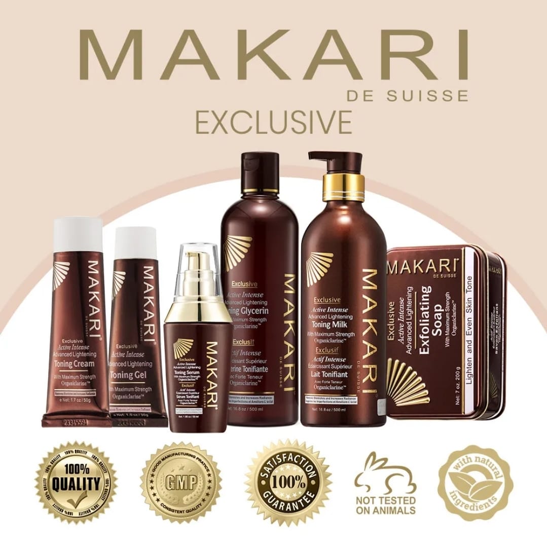 5-PIECES SET) Makari Exclusive Skin Toning Milk, Tube Cream , Serum, Gel, Soap