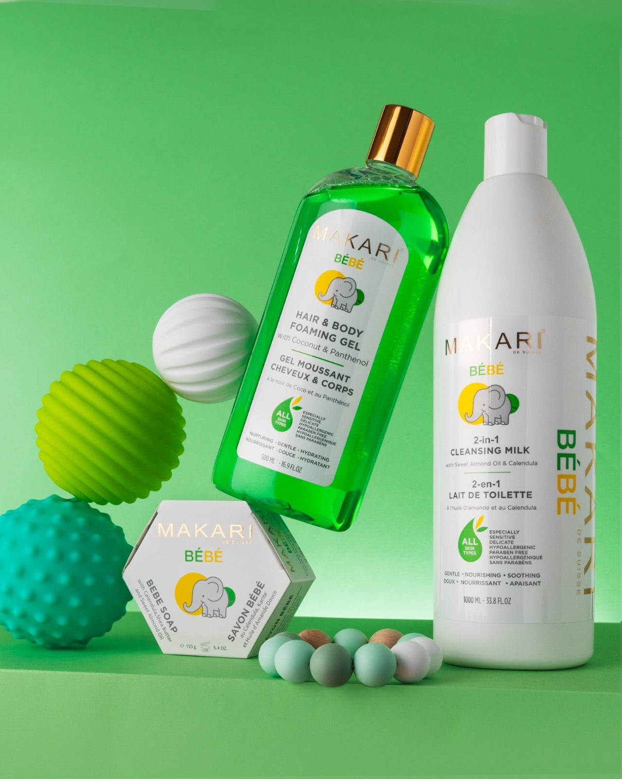Coffret cadeau 3 pièces de savon hydratant doux pour bébé, lotion et gel moussant Makari