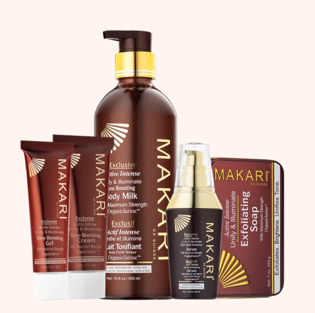 5-PIECES SET) Makari Exclusive Skin Toning Milk, Tube Cream , Serum, Gel, Soap