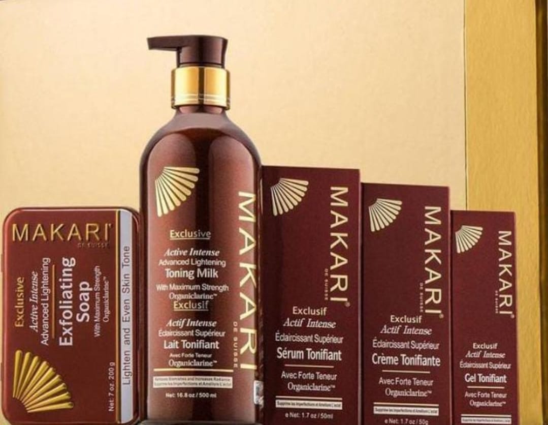 5-PIECES SET) Makari Exclusive Skin Toning Milk, Tube Cream , Serum, Gel, Soap
