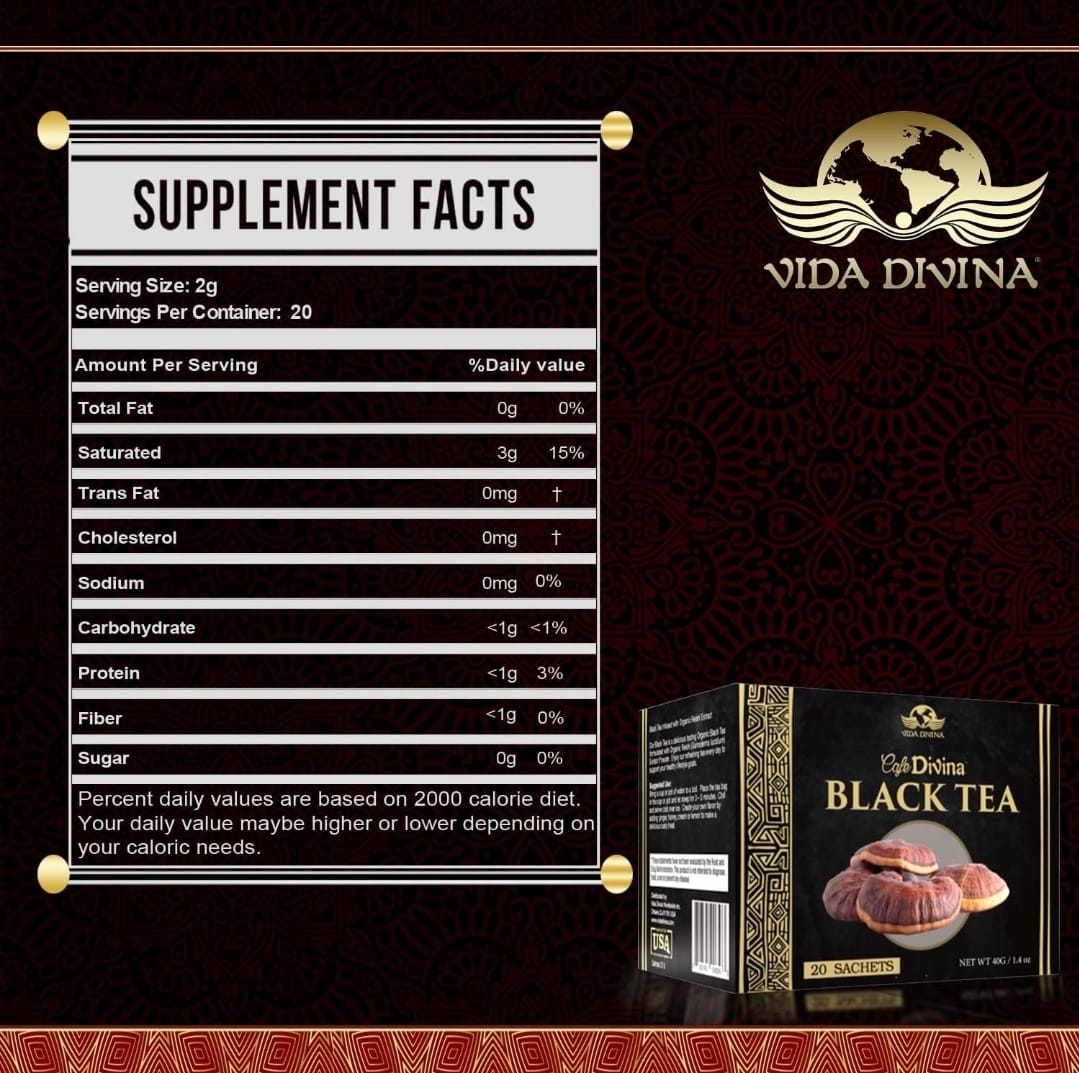 Vida Divina Café Divina Black Tea, Infused with Organic Ganoderma Reishi Extract