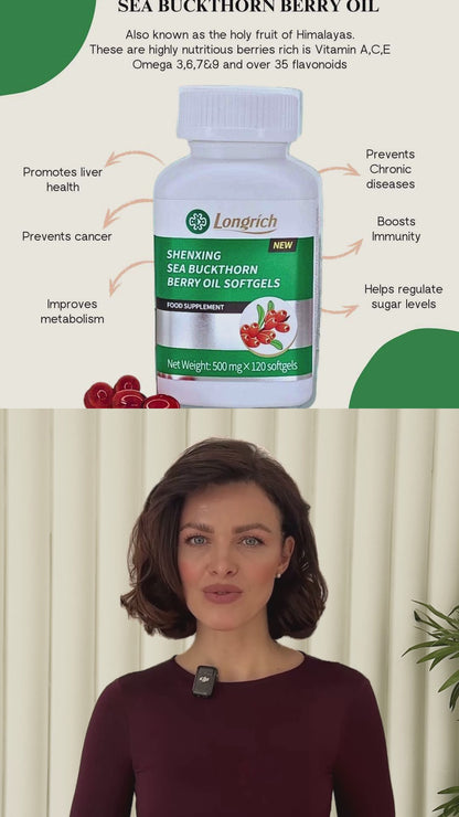 Aceite de bayas de Longrich, aceite de bayas de espino amarillo - 120 cápsulas blandas / Nuevo empaque para EE. UU.