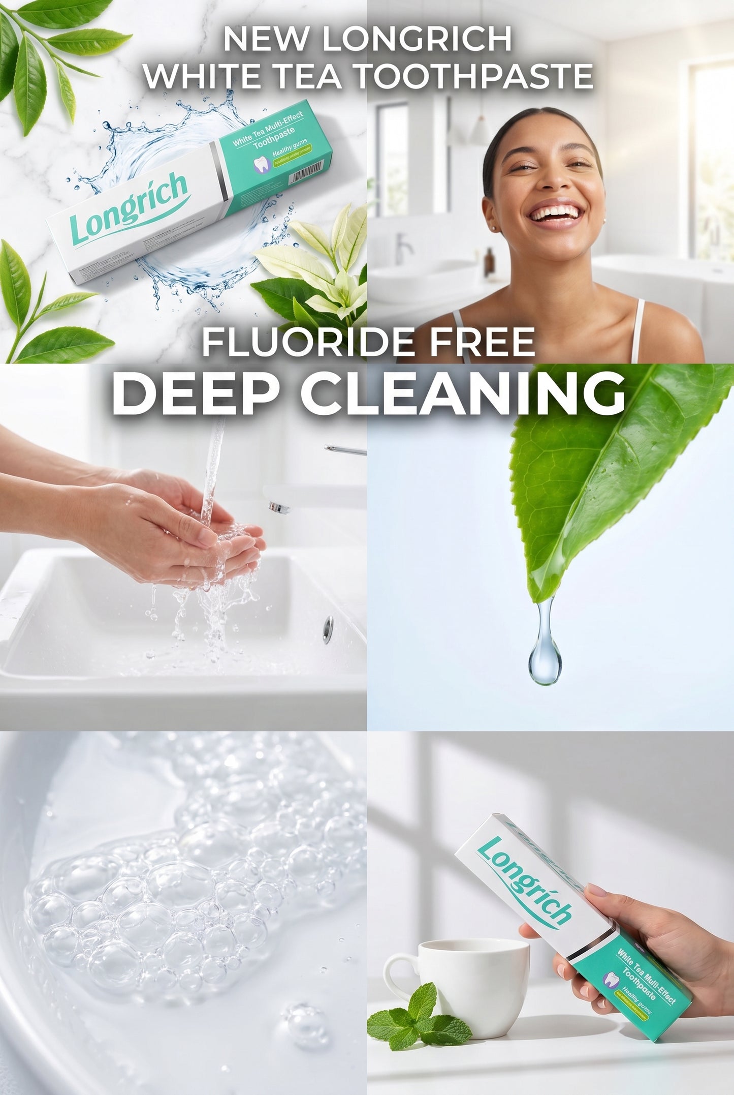 Dentifrice Longrich, thé blanc, sans fluor, nettoyage en profondeur, format géant (200 g)