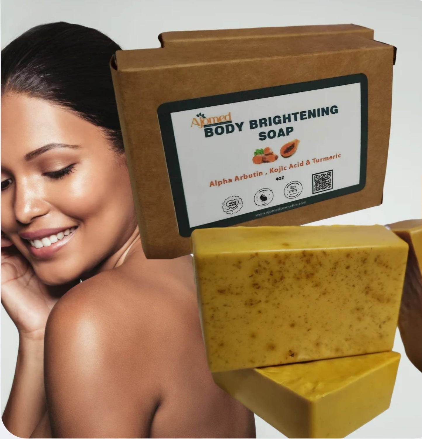 AJOMED Cosmetics and Wellness.Kojic Acid & Turmeric Body Soap with Alpha Arbutin & Papaya Extract - Large Soap Loaf - 5oz