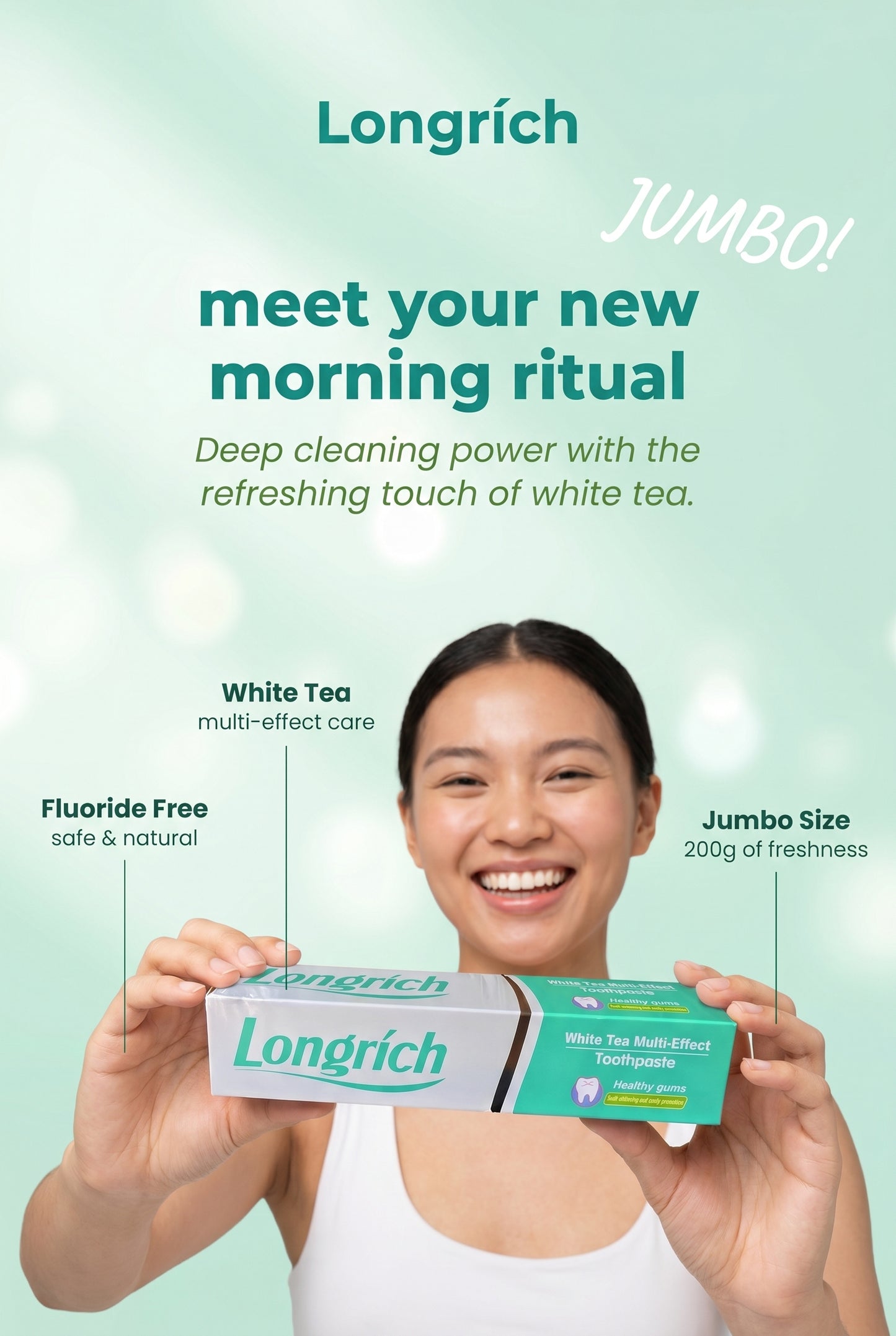 Dentifrice Longrich, thé blanc, sans fluor, nettoyage en profondeur, format géant (200 g)