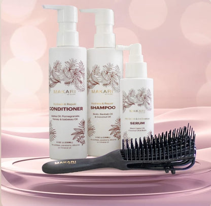 Coffret de soins capillaires Makari comprenant shampoing, après-shampoing, sérum et brosse à cheveux