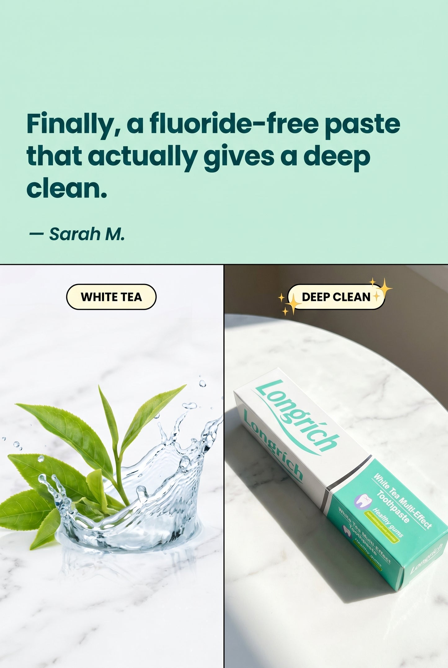Dentifrice Longrich, thé blanc, sans fluor, nettoyage en profondeur, format géant (200 g)