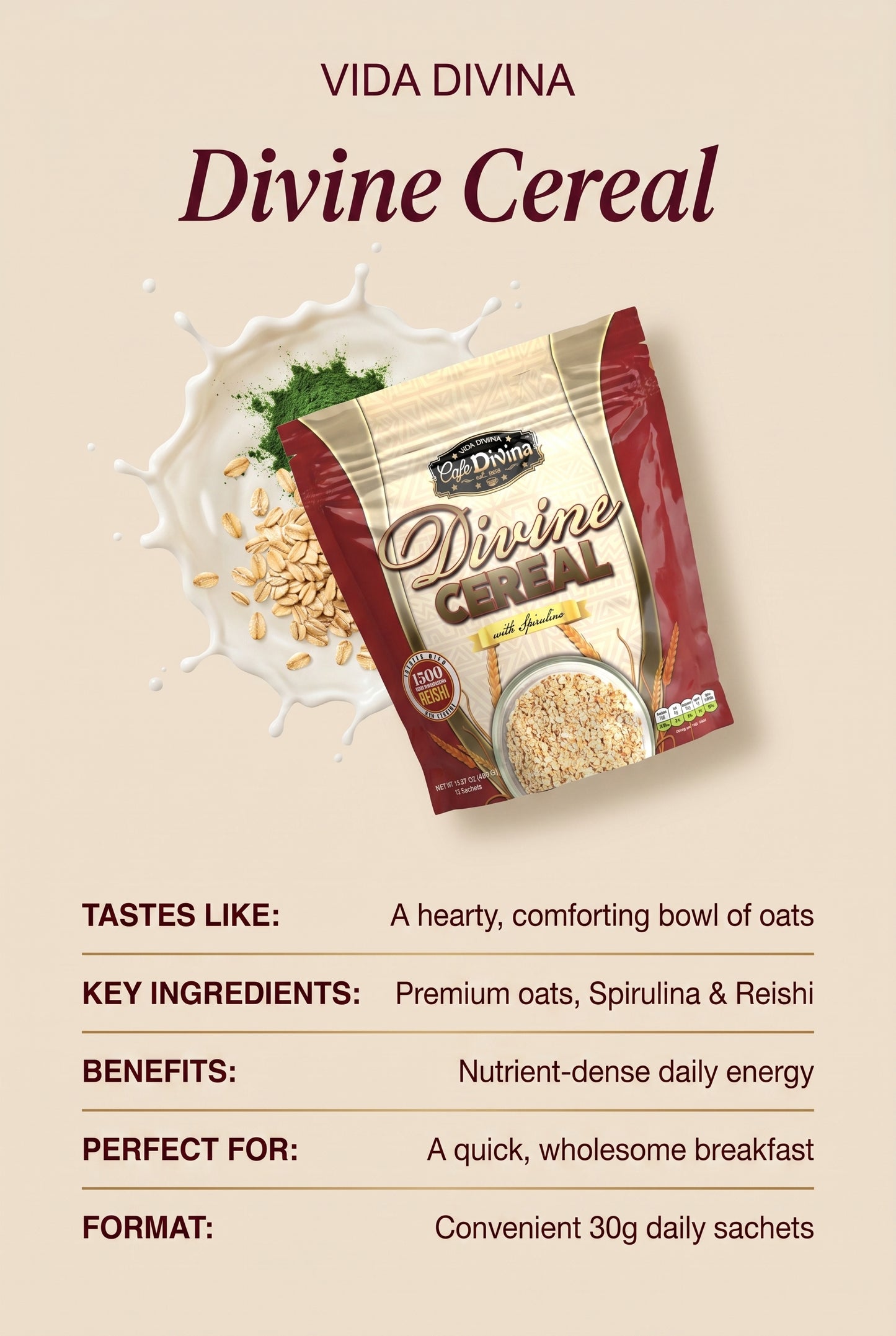 VIDA DIVINA DIVINE CEREAL avec spiruline Net Wt 30g/Sachet