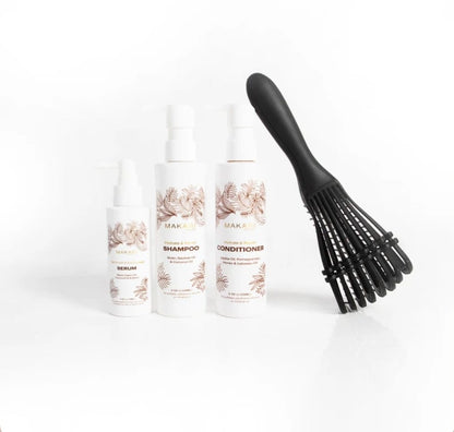 Coffret de soins capillaires Makari comprenant shampoing, après-shampoing, sérum et brosse à cheveux