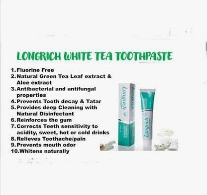 Dentifrice Longrich, thé blanc, sans fluor, nettoyage en profondeur, format géant (200 g)