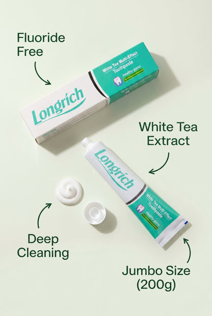 Dentifrice Longrich, thé blanc, sans fluor, nettoyage en profondeur, format géant (200 g)