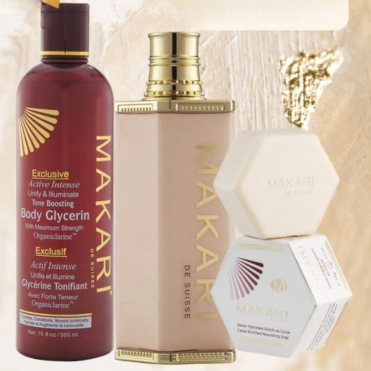 Coffret cadeau Makari Exclusive Active Intense BODY Glycerin 16,8 oz – Éclaircissant et éclaircissant avec lotion de qualité supérieure et savon au caviar 3 pièces