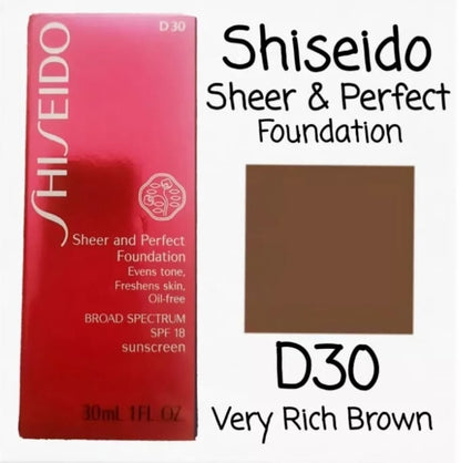 Shiseido Sheer & Perfect Foundation SPF18 D30  Very Rich Brown  1 Oz. New