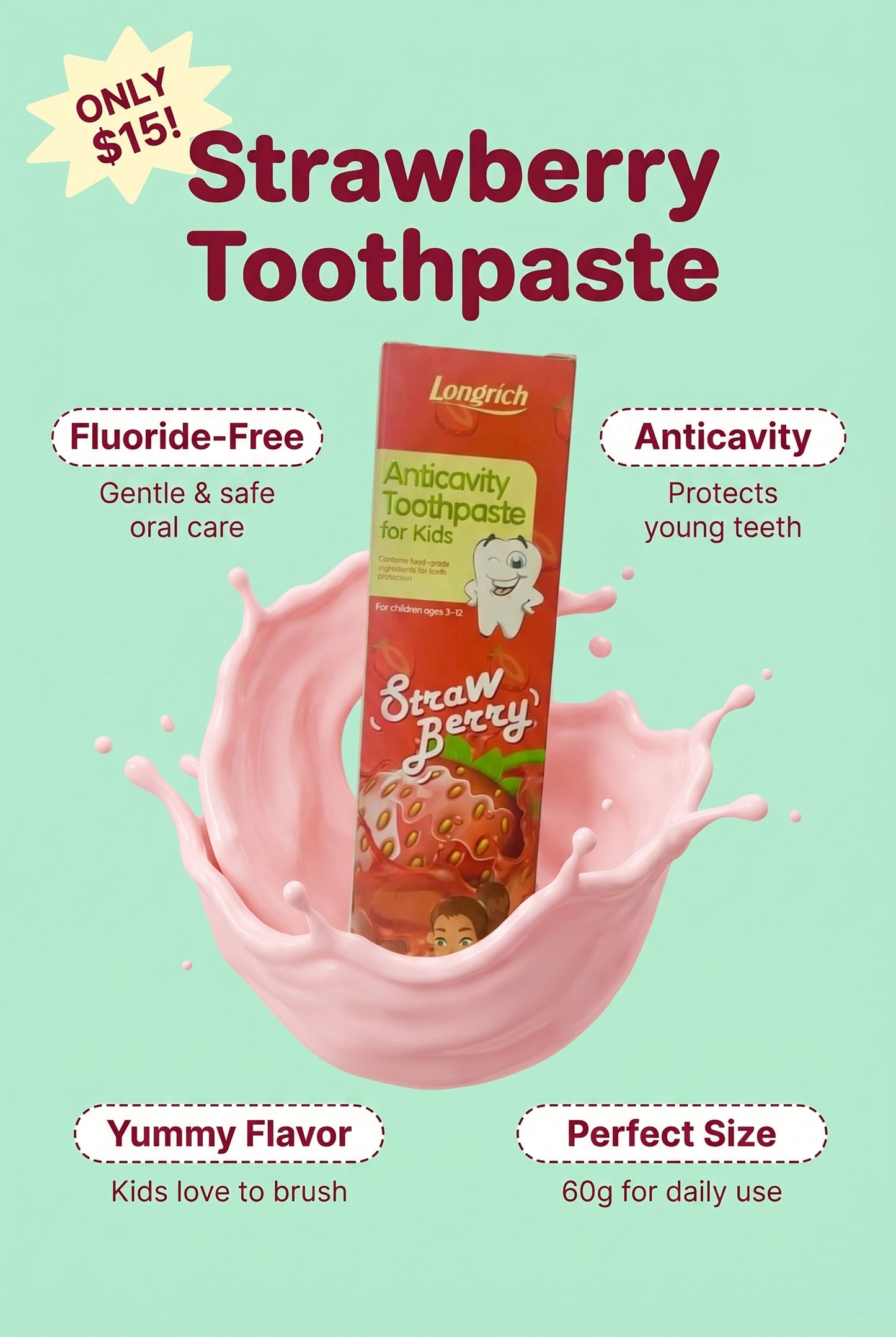 Longrich Kids Toothpaste – Strawberry Flavor 60g | Gentle Fluoride-Free Oral Car