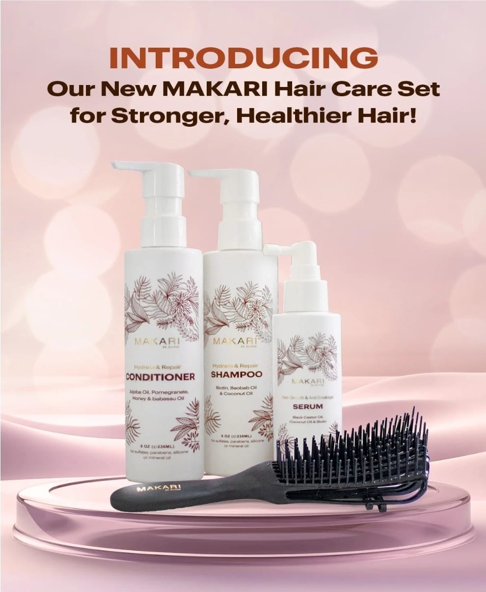 Coffret de soins capillaires Makari comprenant shampoing, après-shampoing, sérum et brosse à cheveux