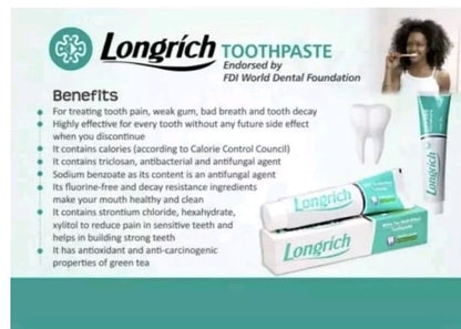 Dentifrice Longrich, thé blanc, sans fluor, nettoyage en profondeur, format géant (200 g)