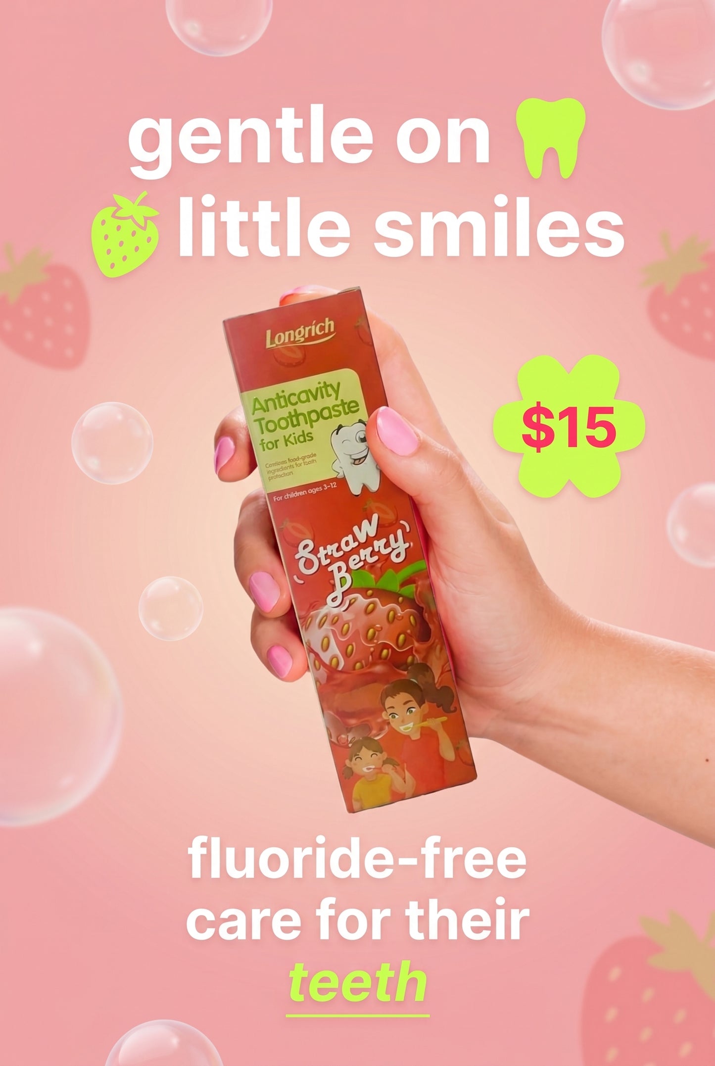 Longrich Kids Toothpaste – Strawberry Flavor 60g | Gentle Fluoride-Free Oral Car