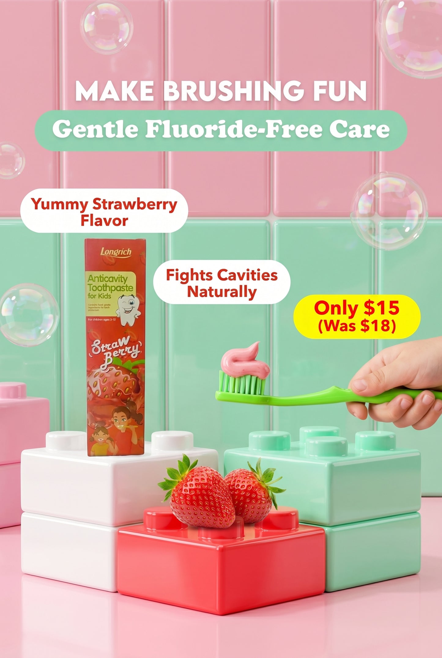 Longrich Kids Toothpaste – Strawberry Flavor 60g | Gentle Fluoride-Free Oral Car