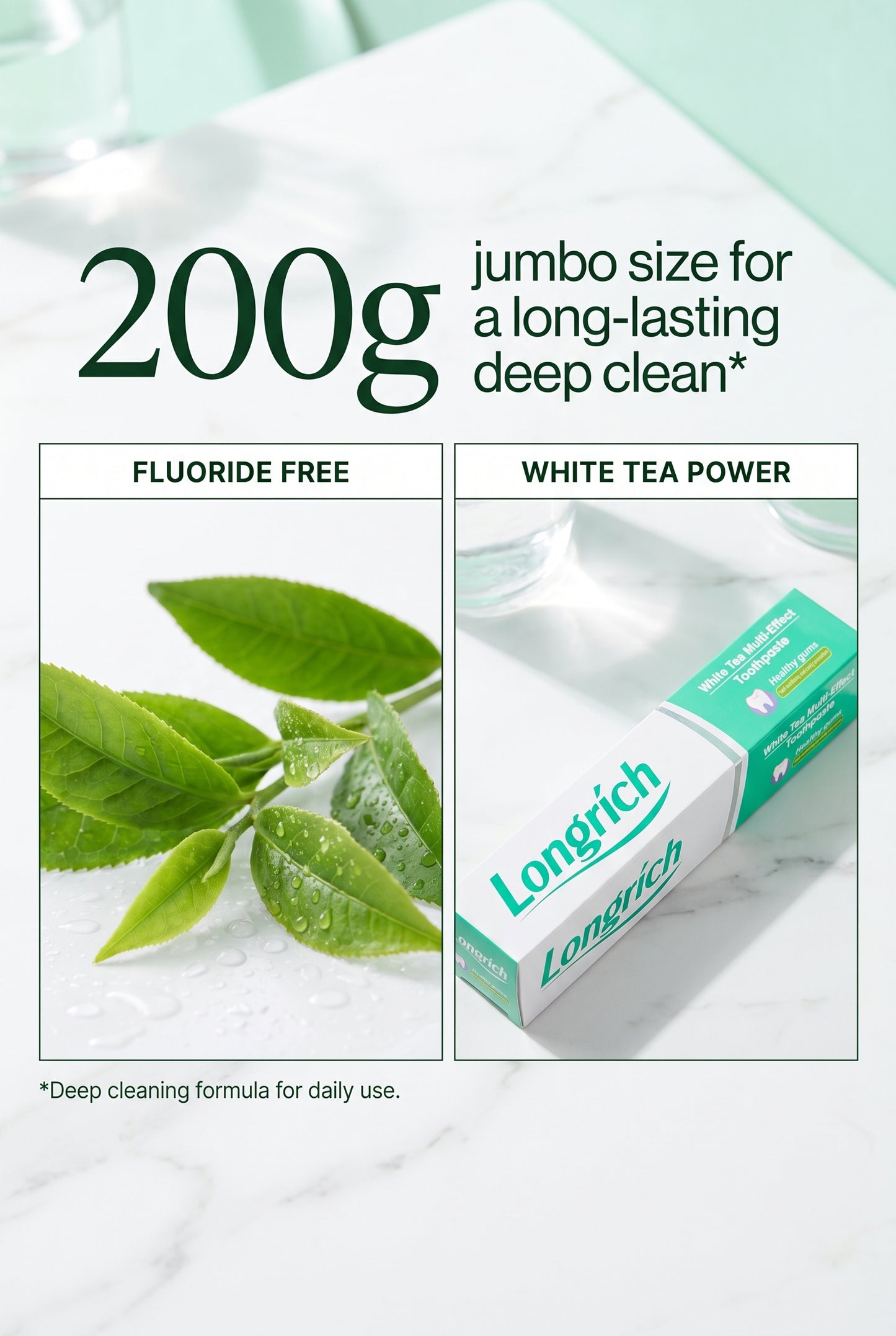 Dentifrice Longrich, thé blanc, sans fluor, nettoyage en profondeur, format géant (200 g)