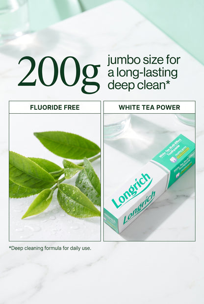 Dentifrice Longrich, thé blanc, sans fluor, nettoyage en profondeur, format géant (200 g)