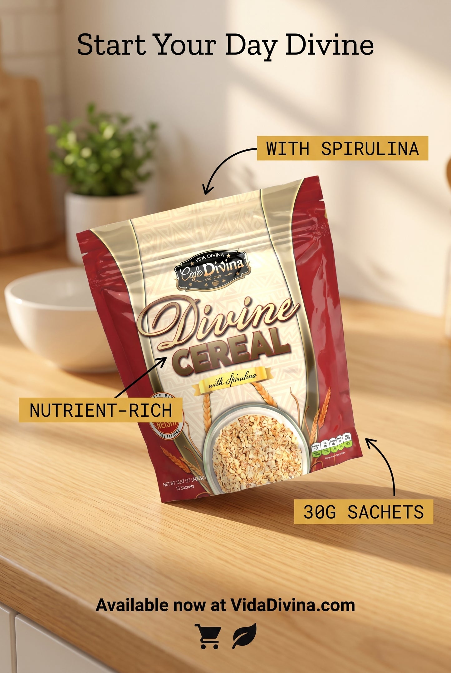 VIDA DIVINA DIVINE CEREAL avec spiruline Net Wt 30g/Sachet