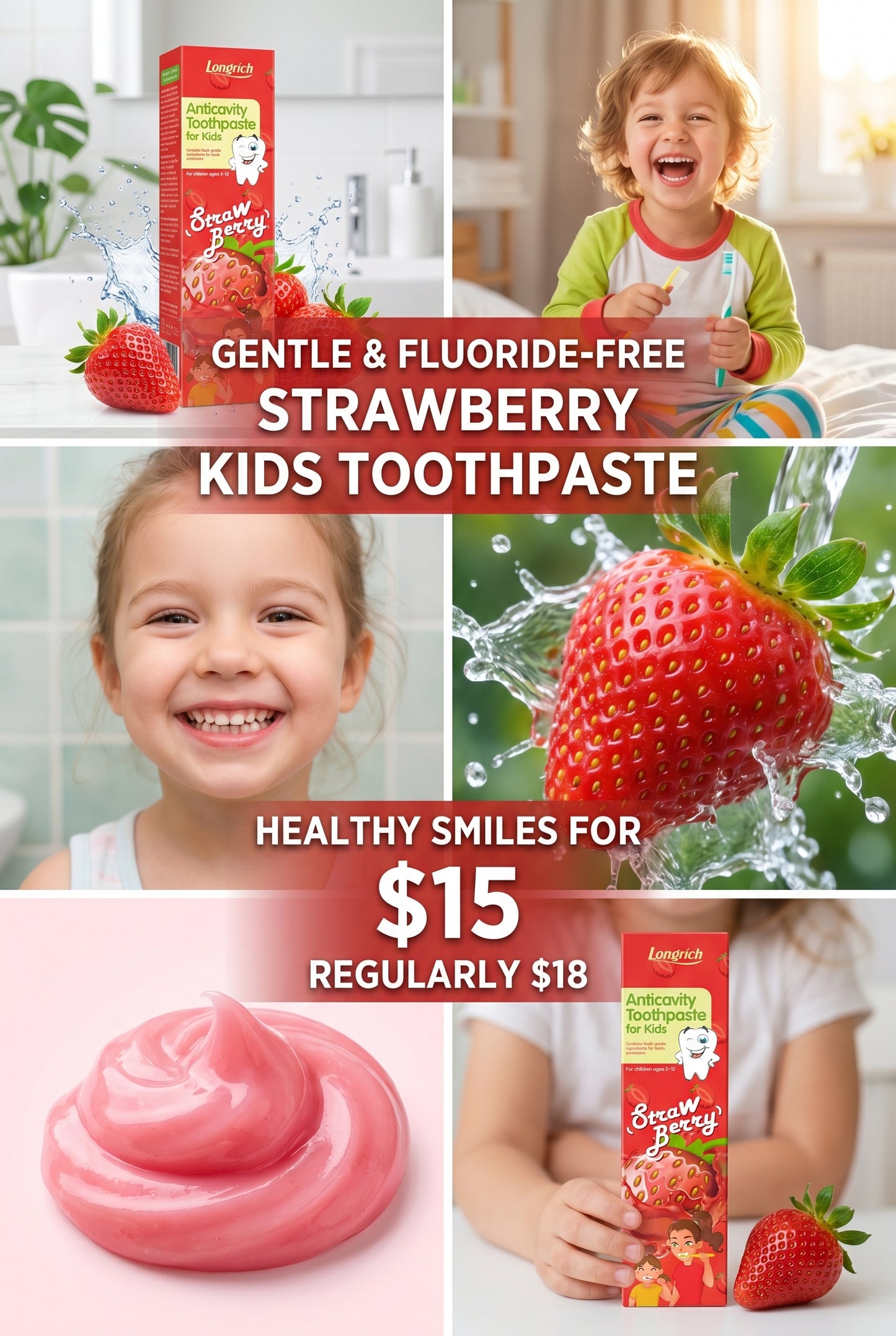 Longrich Kids Toothpaste – Strawberry Flavor 60g | Gentle Fluoride-Free Oral Car