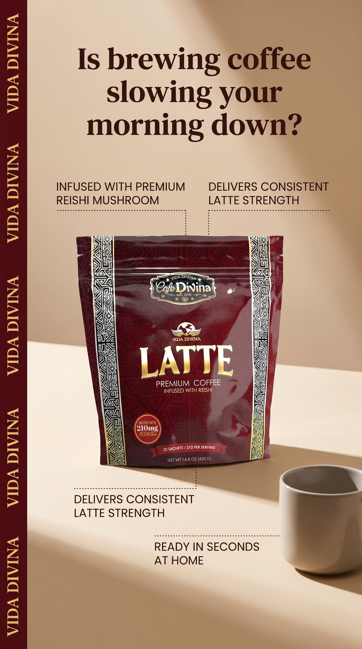 Café Premium Vida Divina Original LATTE con Reishi 20 Sobres