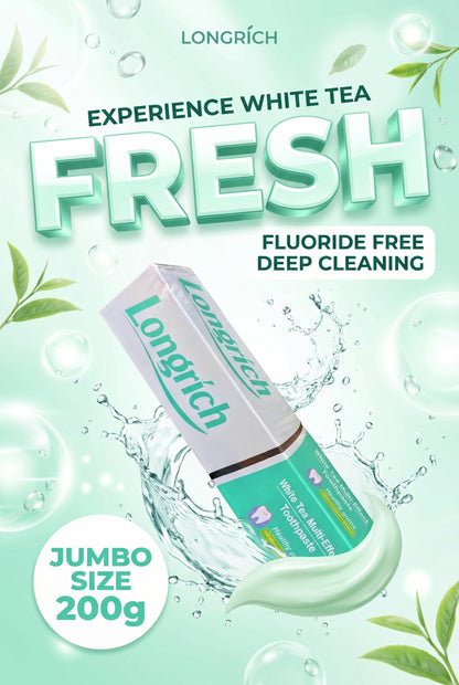 Dentifrice Longrich, thé blanc, sans fluor, nettoyage en profondeur, format géant (200 g)