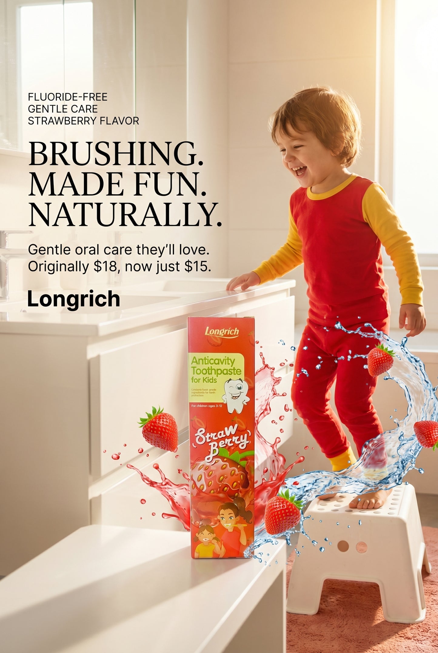 Longrich Kids Toothpaste – Strawberry Flavor 60g | Gentle Fluoride-Free Oral Car