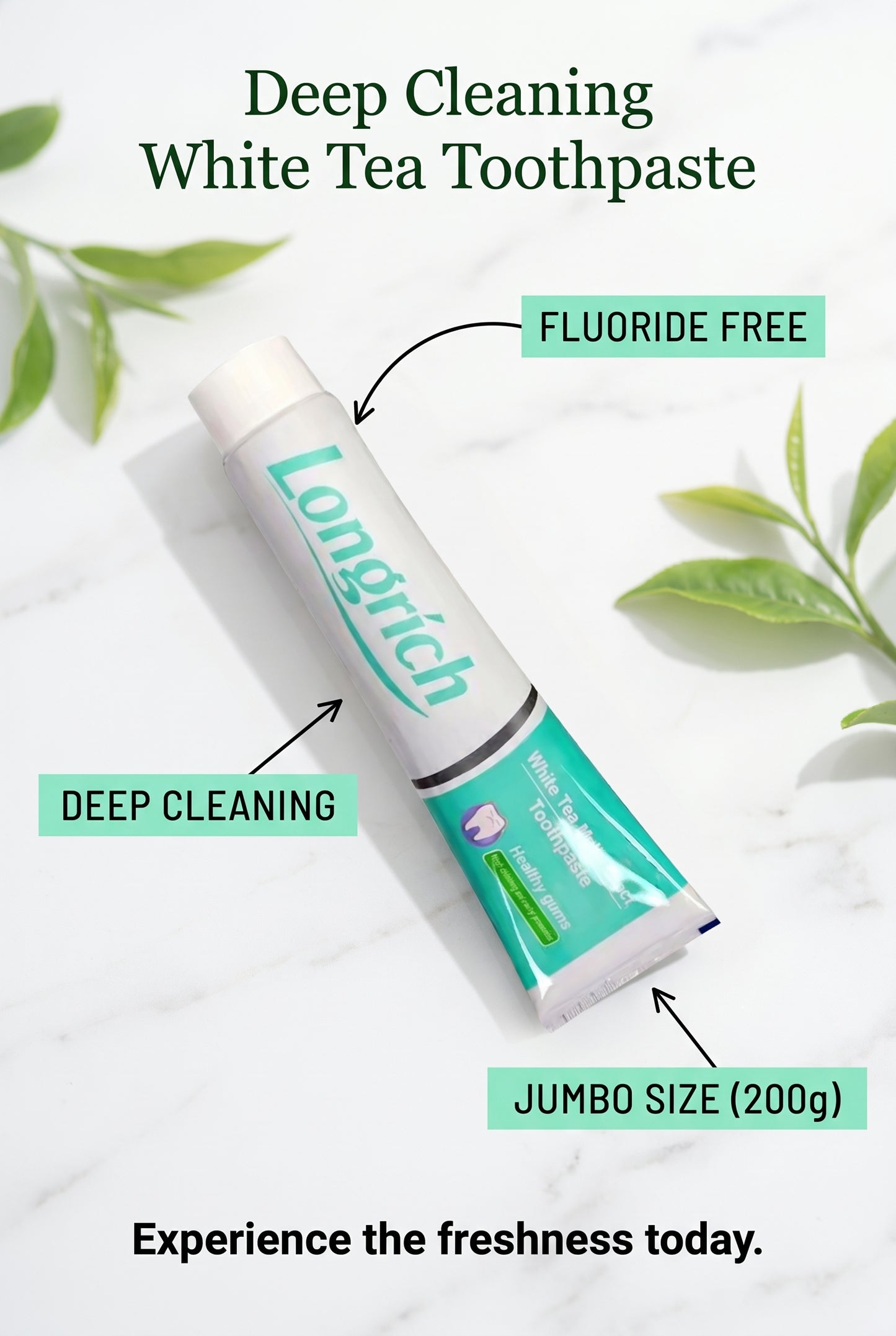 Dentifrice Longrich, thé blanc, sans fluor, nettoyage en profondeur, format géant (200 g)