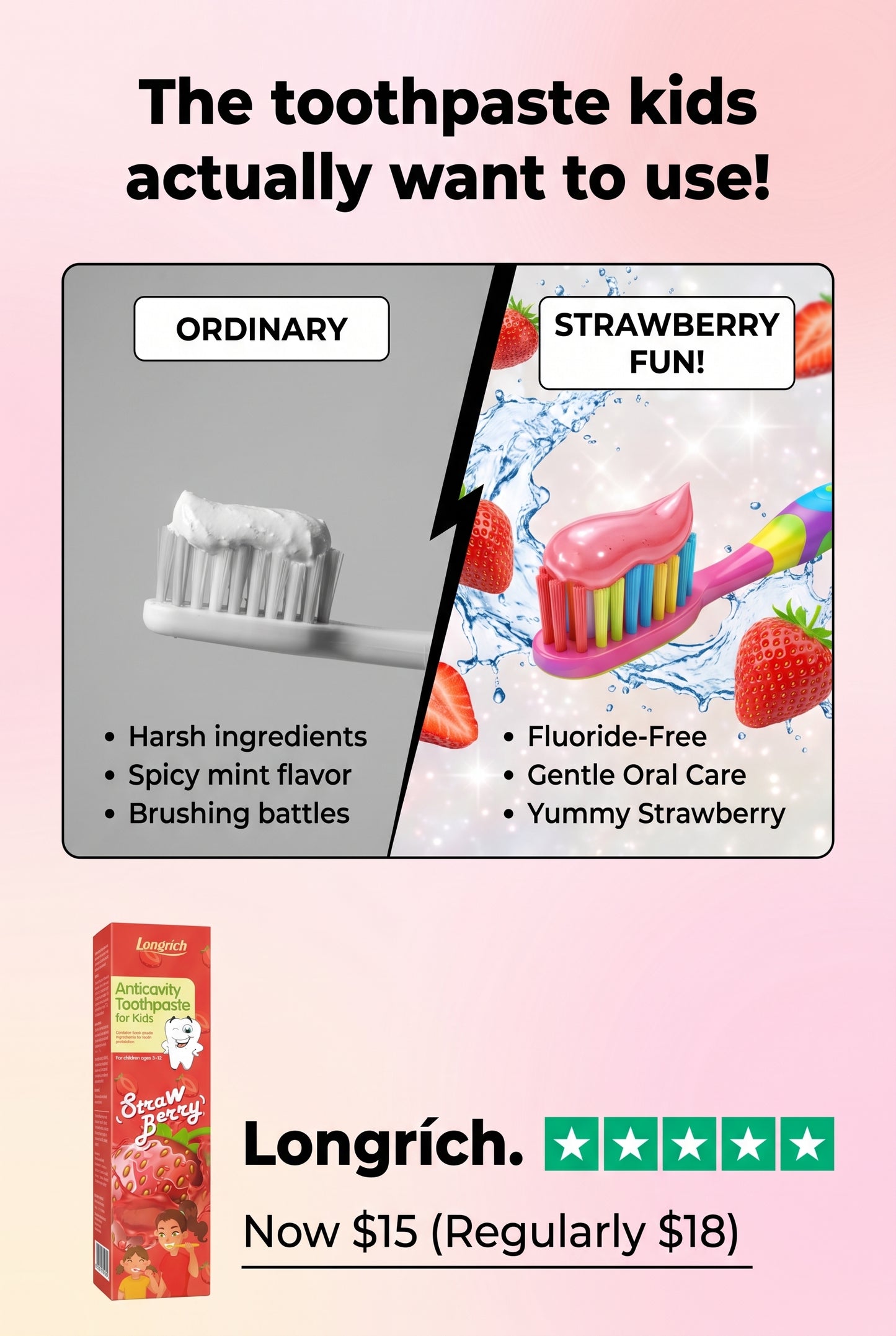 Longrich Kids Toothpaste – Strawberry Flavor 60g | Gentle Fluoride-Free Oral Car