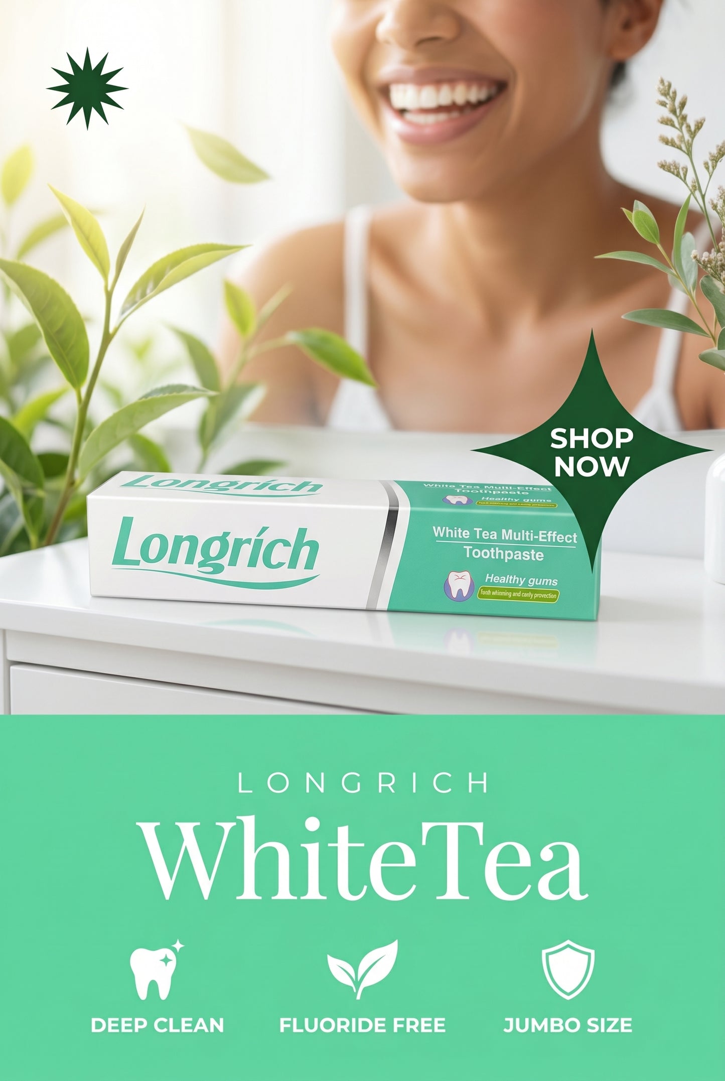 Dentifrice Longrich, thé blanc, sans fluor, nettoyage en profondeur, format géant (200 g)