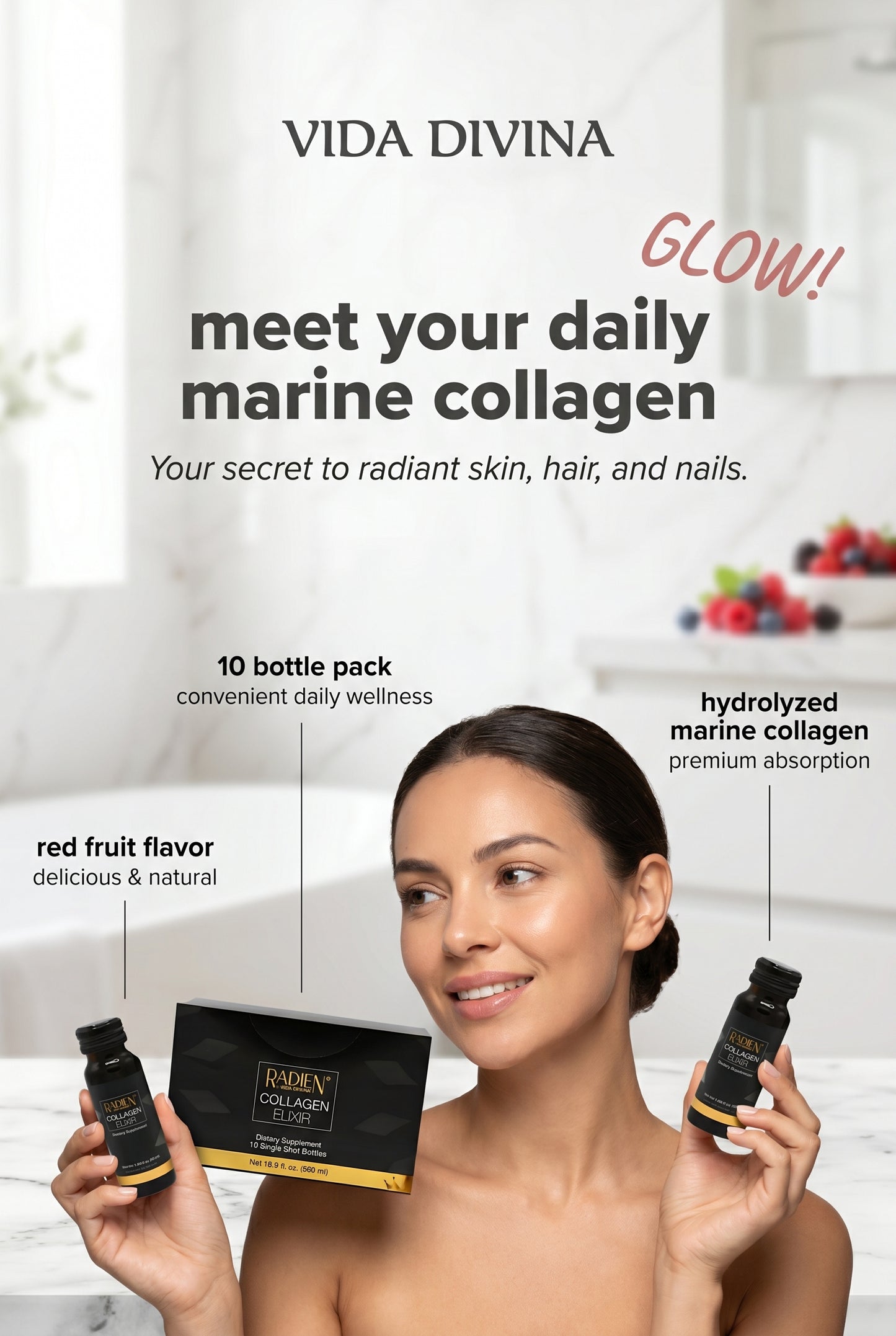 Vida Divina Regenerative Skin Science Marine Collagen – 10 Bottle Pack (Red Fruit Flavor)