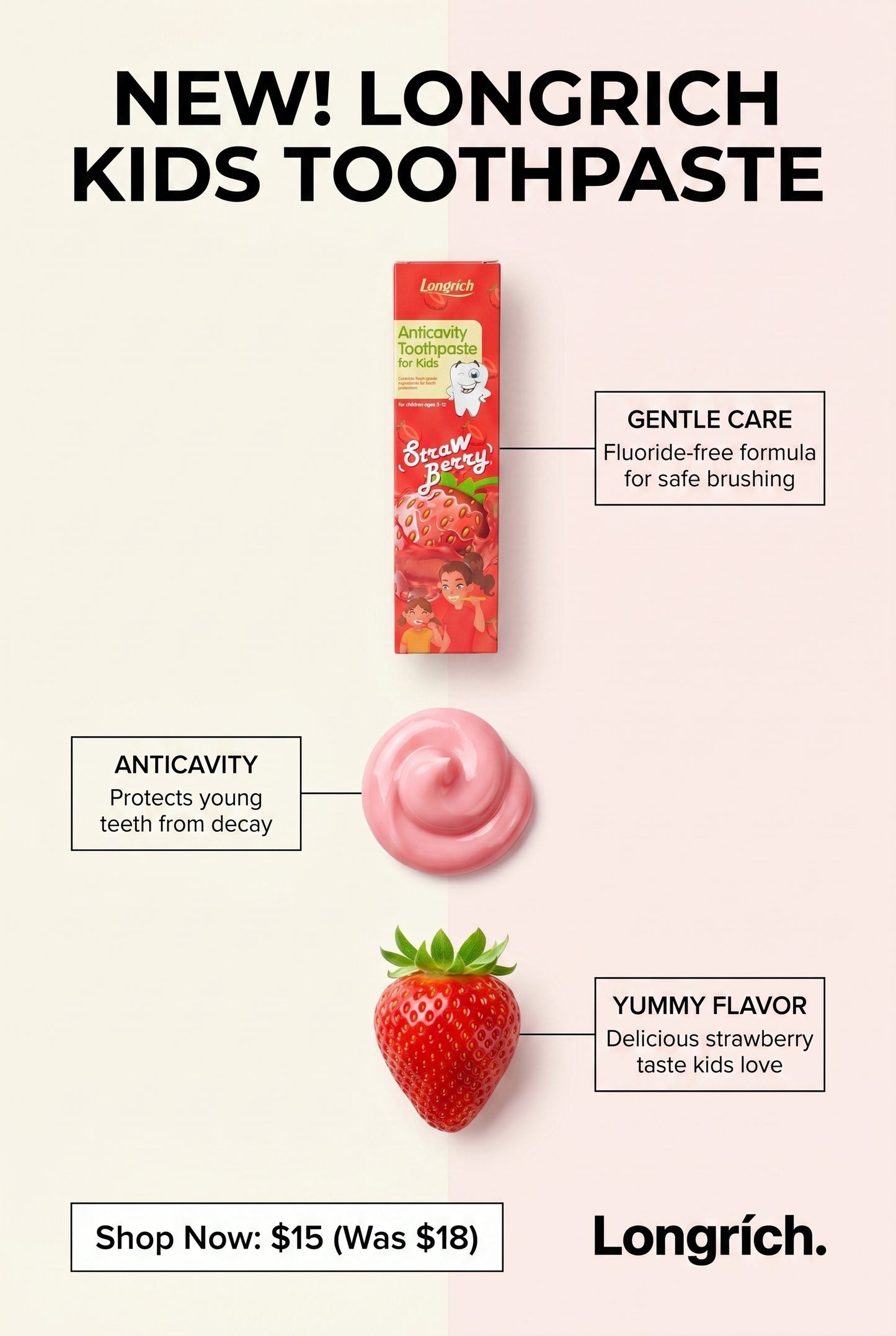 Longrich Kids Toothpaste – Strawberry Flavor 60g | Gentle Fluoride-Free Oral Car