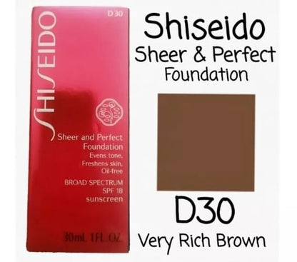 Shiseido Sheer & Perfect Foundation SPF18 D30  Very Rich Brown  1 Oz. New