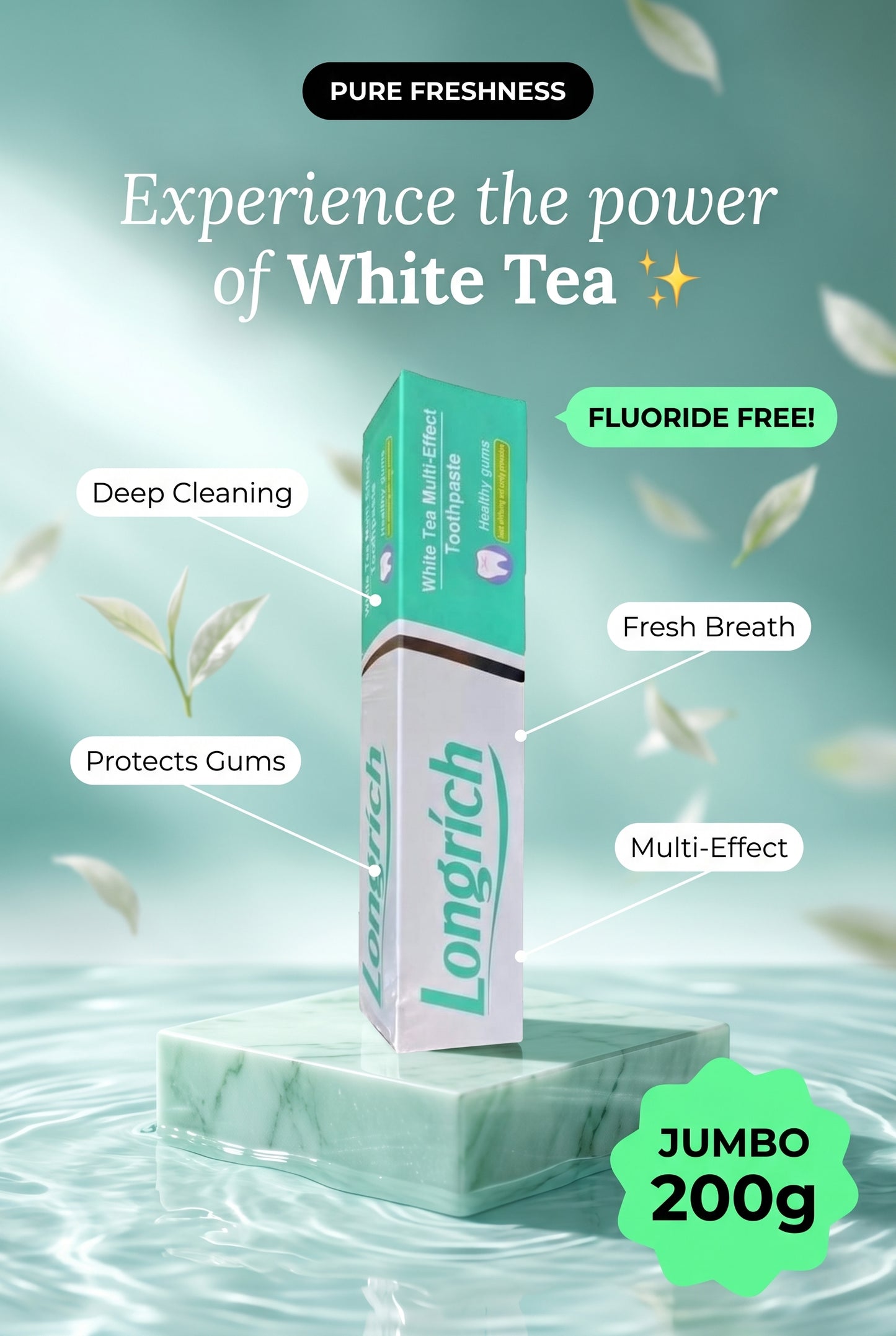 Dentifrice Longrich, thé blanc, sans fluor, nettoyage en profondeur, format géant (200 g)