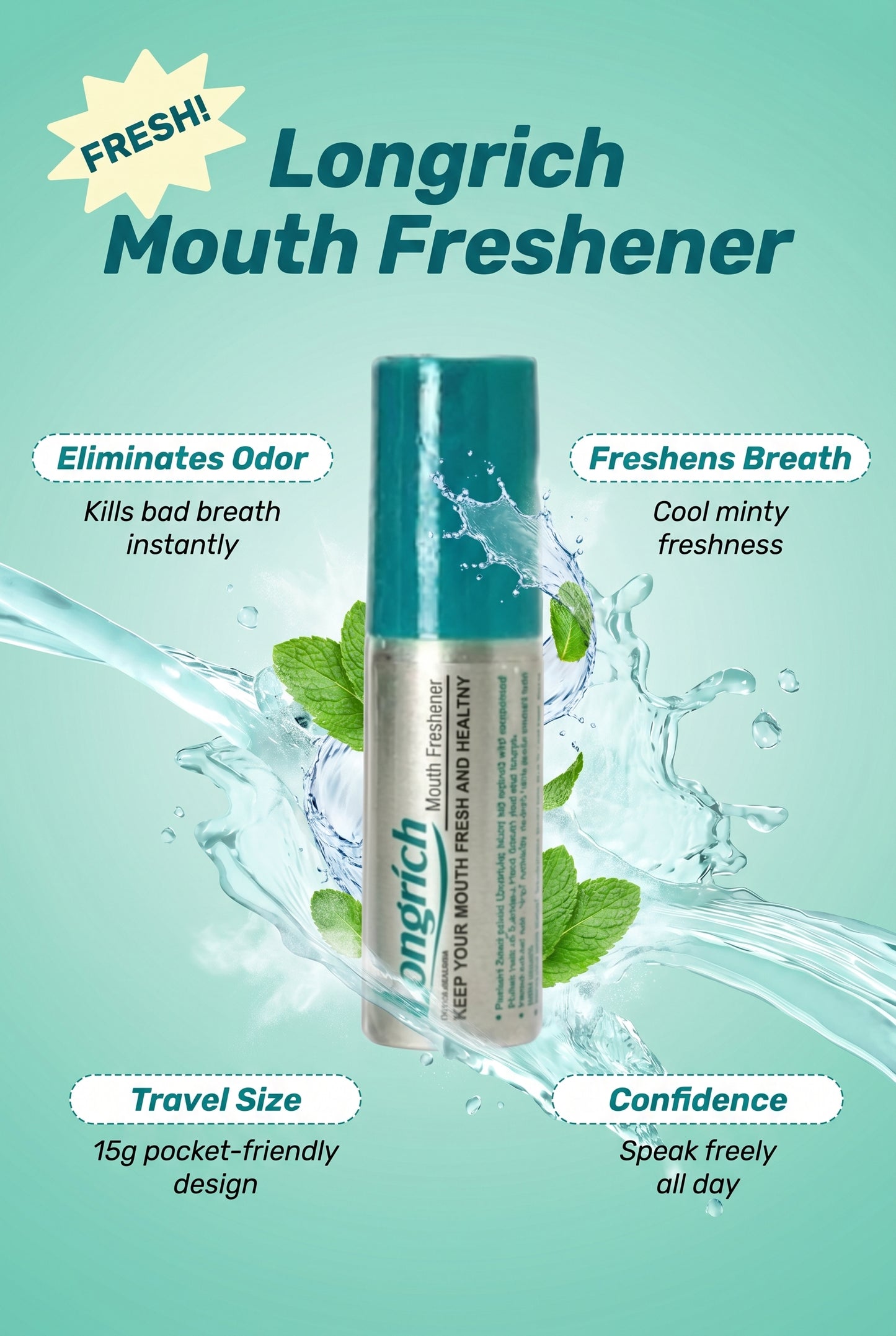 Rafraîchisseur de bouche Longrich / Élimine les odeurs buccales / Rafraîchit l'haleine 15 g / 0,53 oz