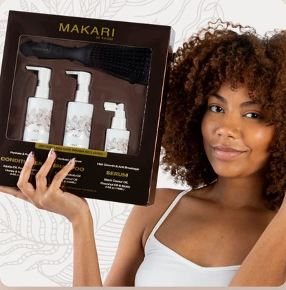 Coffret de soins capillaires Makari comprenant shampoing, après-shampoing, sérum et brosse à cheveux