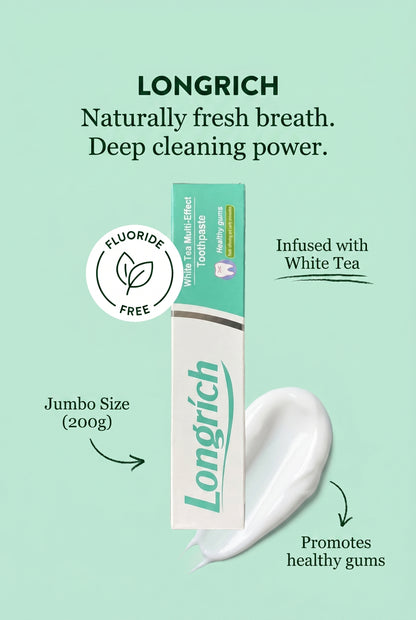 Dentifrice Longrich, thé blanc, sans fluor, nettoyage en profondeur, format géant (200 g)