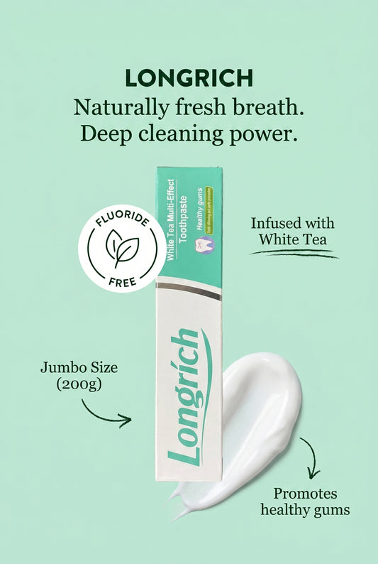 Pasta de dientes Longrich, té blanco, sin flúor, limpieza profunda, tamaño gigante (200 g)