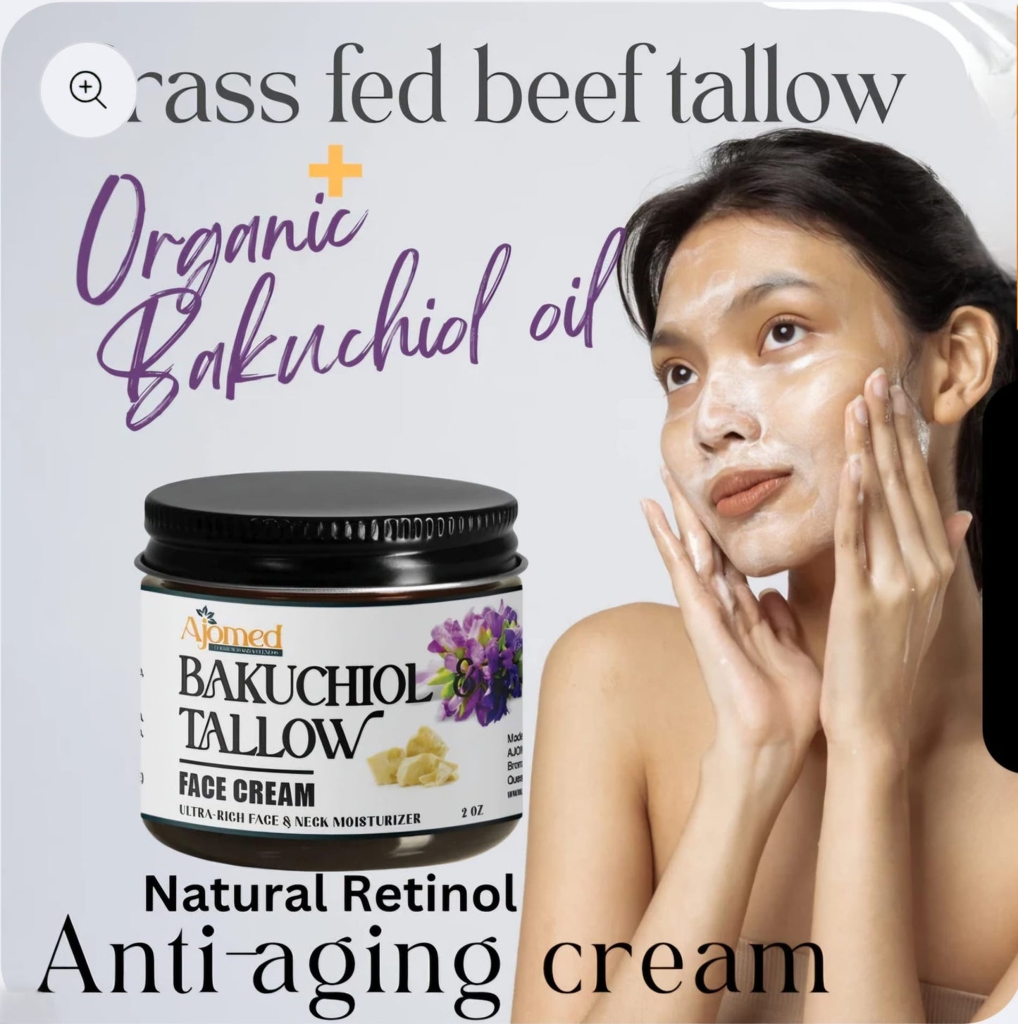 Beef tallow face cream with 2% Bakuchiol oil face moisturizer- Handmade natural retinol 2oz