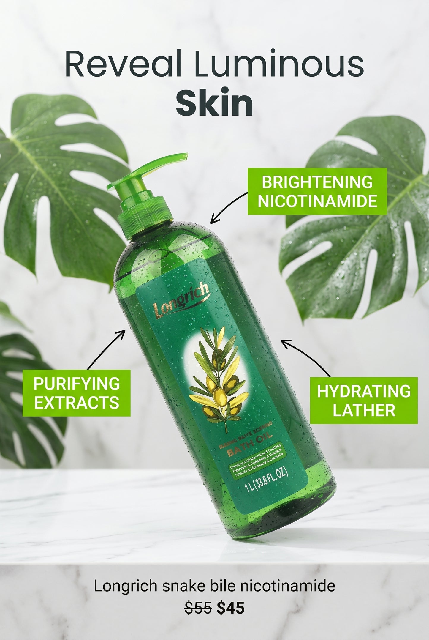 Huile de bain parfumée à l'olive dorée Longrich Huile de bain nettoyante/hydratante/apaisante