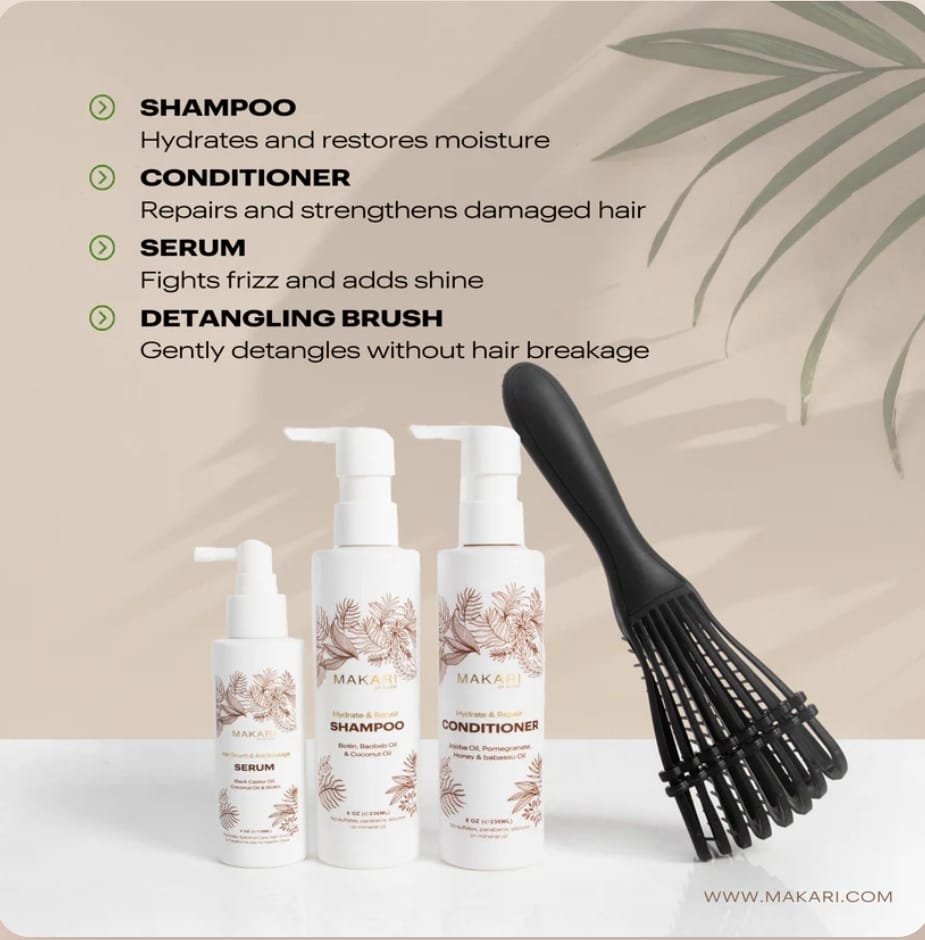 Coffret de soins capillaires Makari comprenant shampoing, après-shampoing, sérum et brosse à cheveux